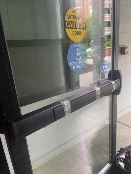 Exit Panic Device needs to be repaired by a commercial door repair expert to secure the door